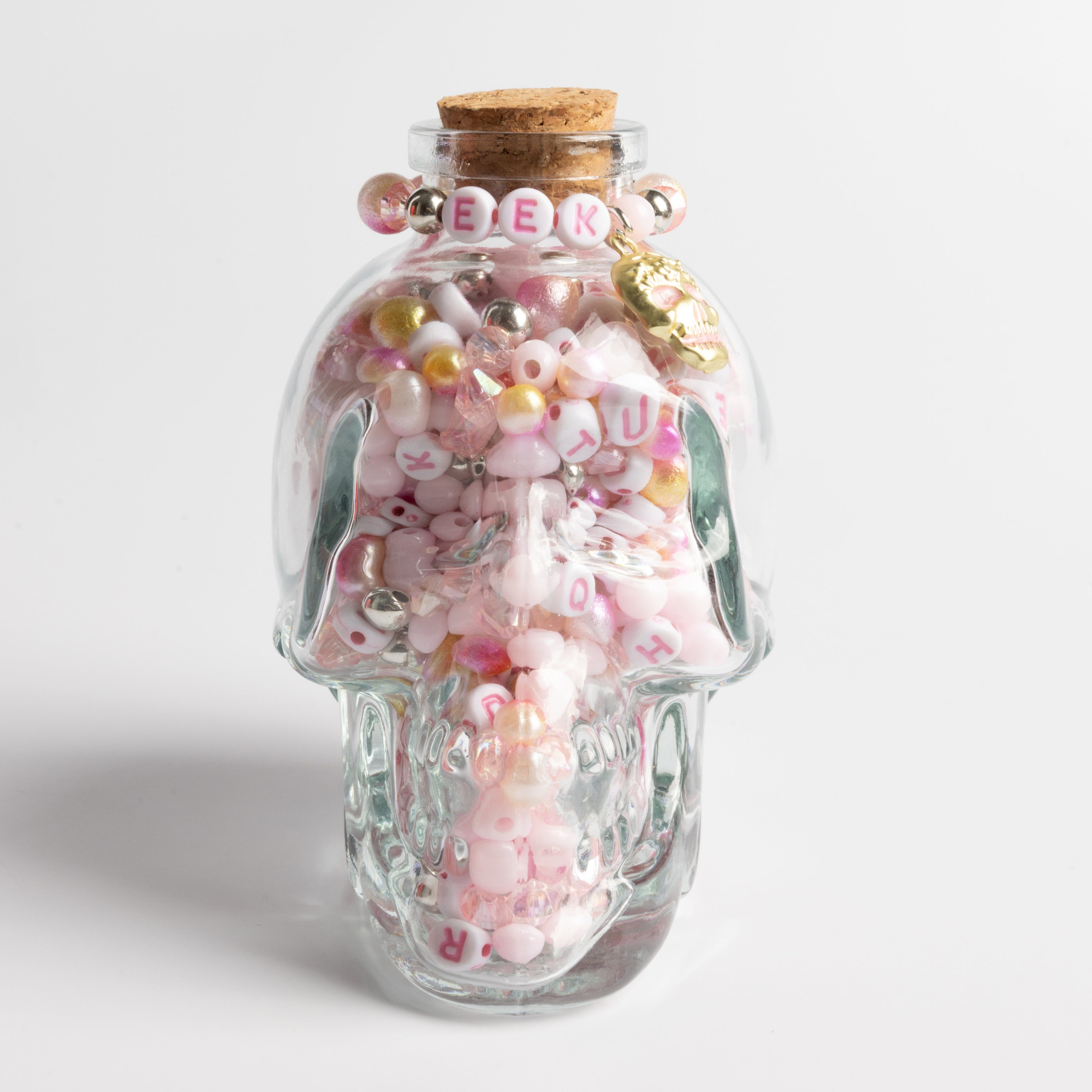 Skull Shaped Jar Gold Skull Charm Pink and White Letter Beads DIY Jar