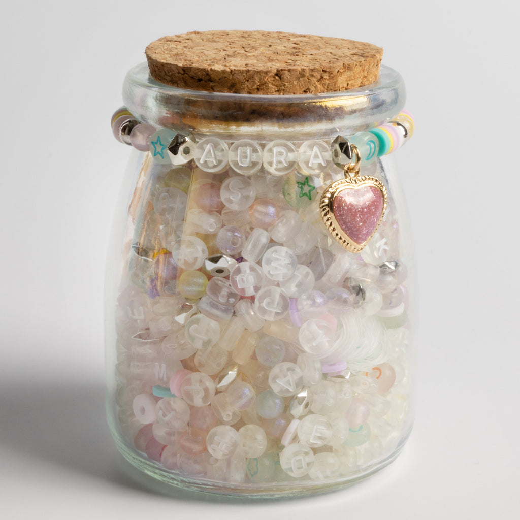 Aura Bead Kit with Clear Letter Beads Pastel Accents and Glitter Heart Charm DIY Jar
