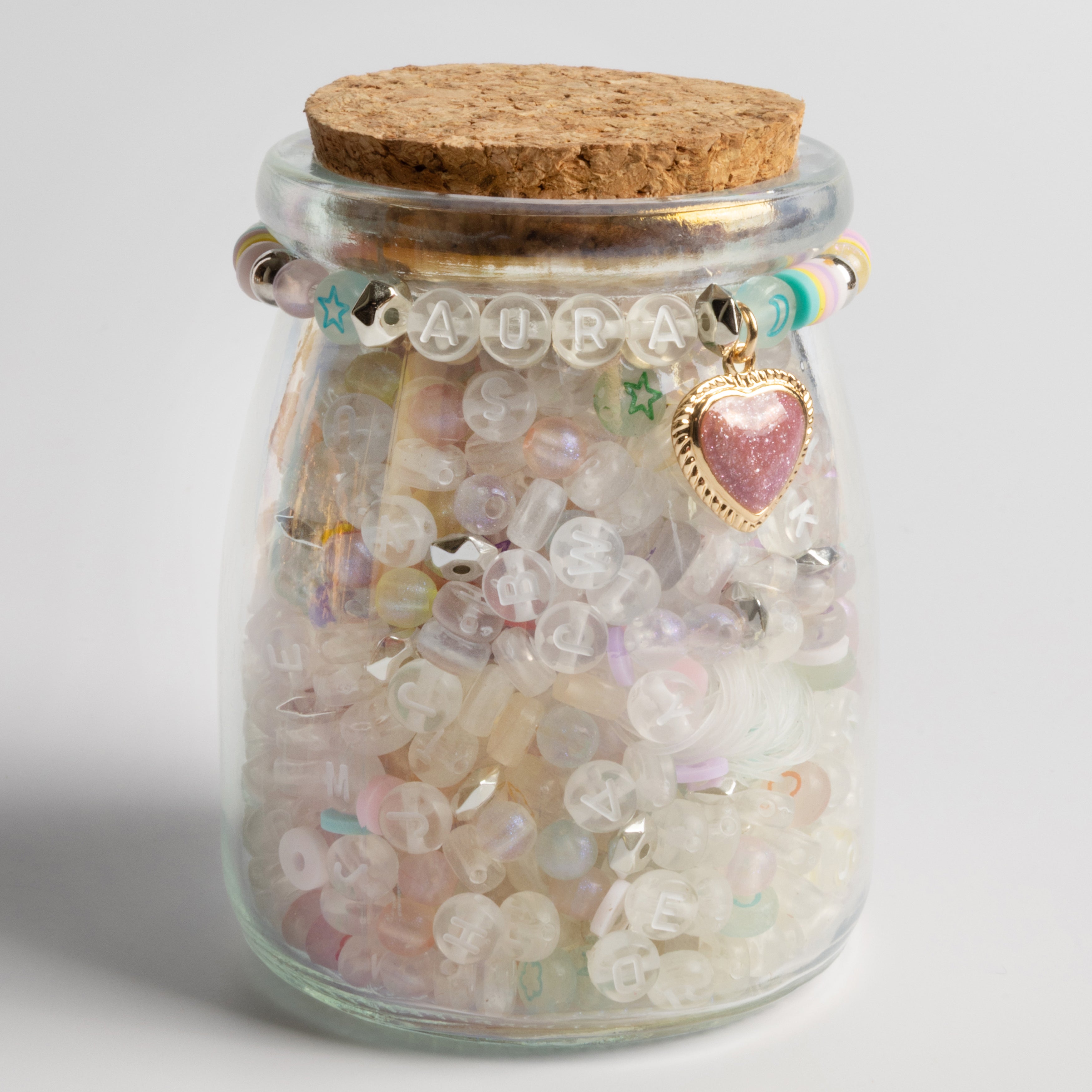Aura Bead Kit with Clear Letter Beads Pastel Accents and Glitter Heart Charm DIY Jar