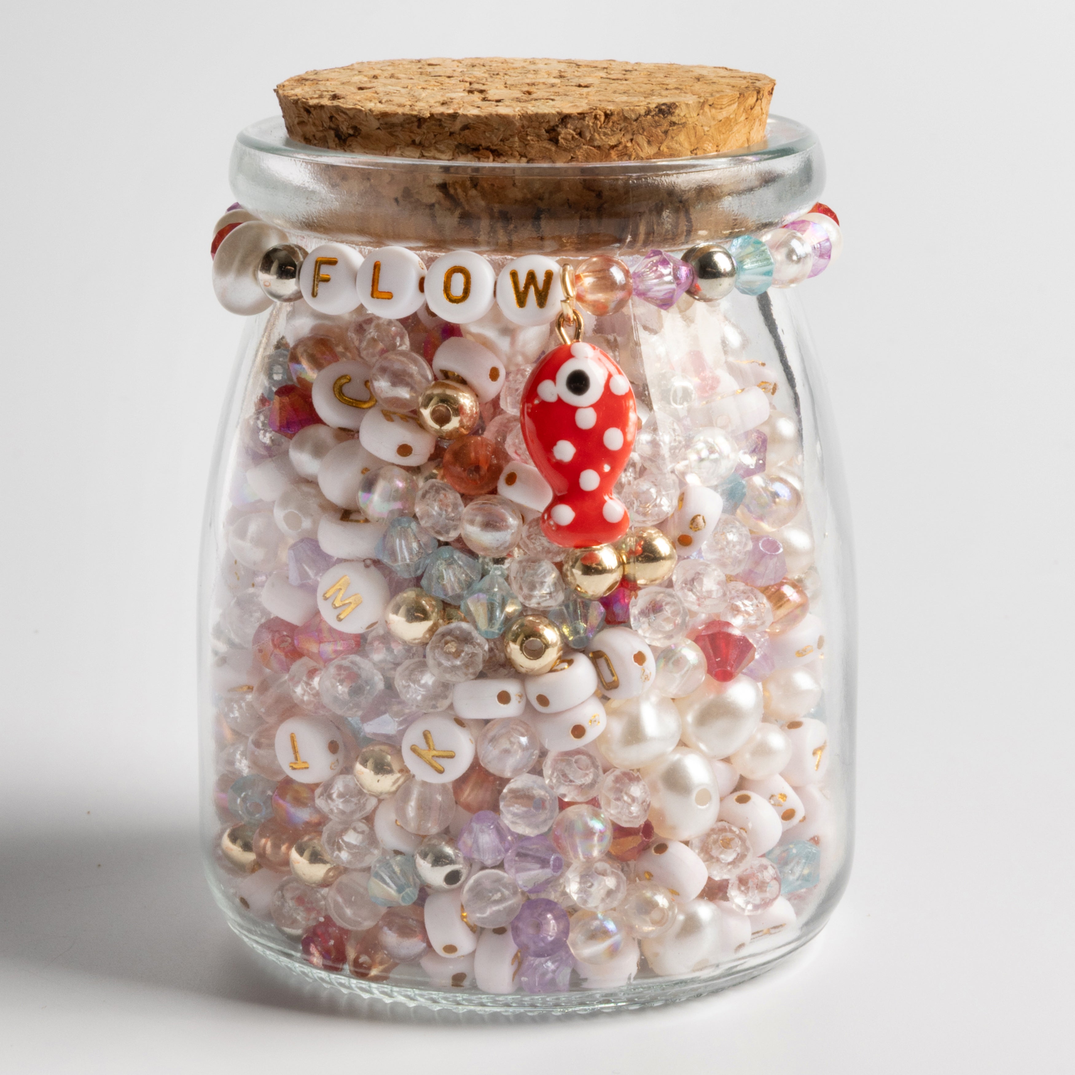 Flow White and Gold Letter Beads with Red Fish Charm, Pearls & Iridescent Crystals DIY Jar