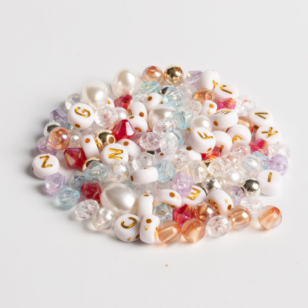 Flow White and Gold Letter Beads with Red Fish Charm, Pearls & Iridescent Crystals DIY Jar