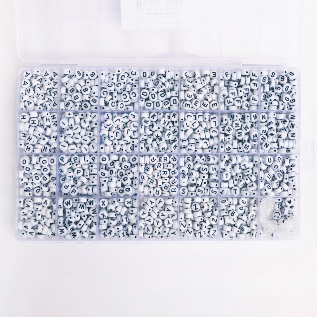 Round White with Black 26 Letter Bead Kit Box
