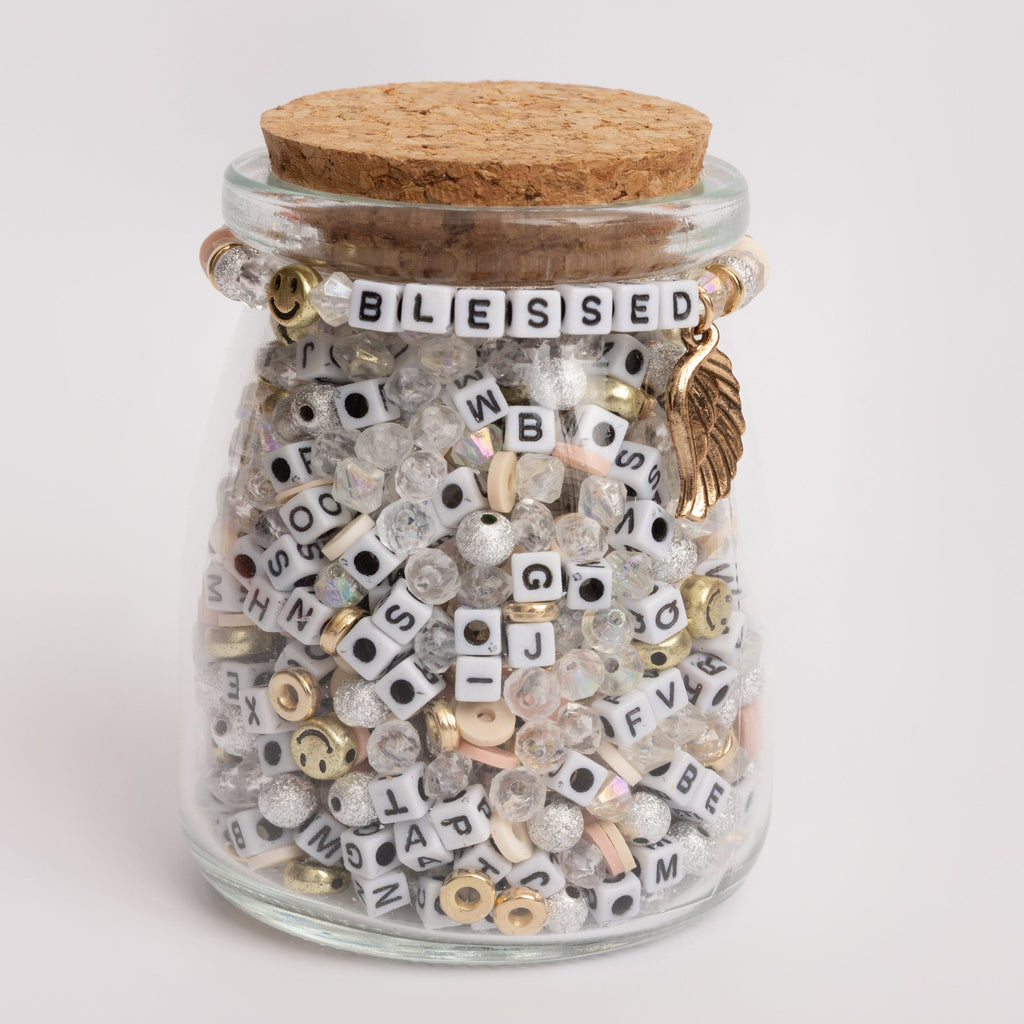 Blessed Mini Block Letter Bead DIY Stretch Cord Bracelet Jar