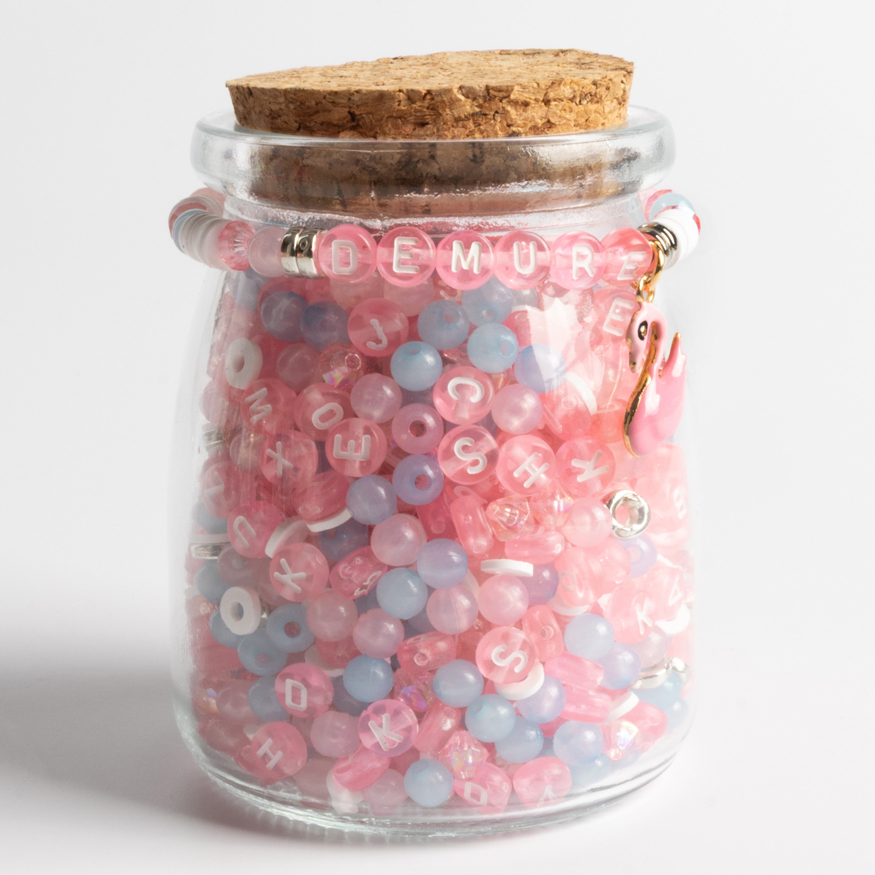 Demure Baby Pink and Baby Blue Beads Pink Swan Charm & Pastel Letter Beads DIY Jar