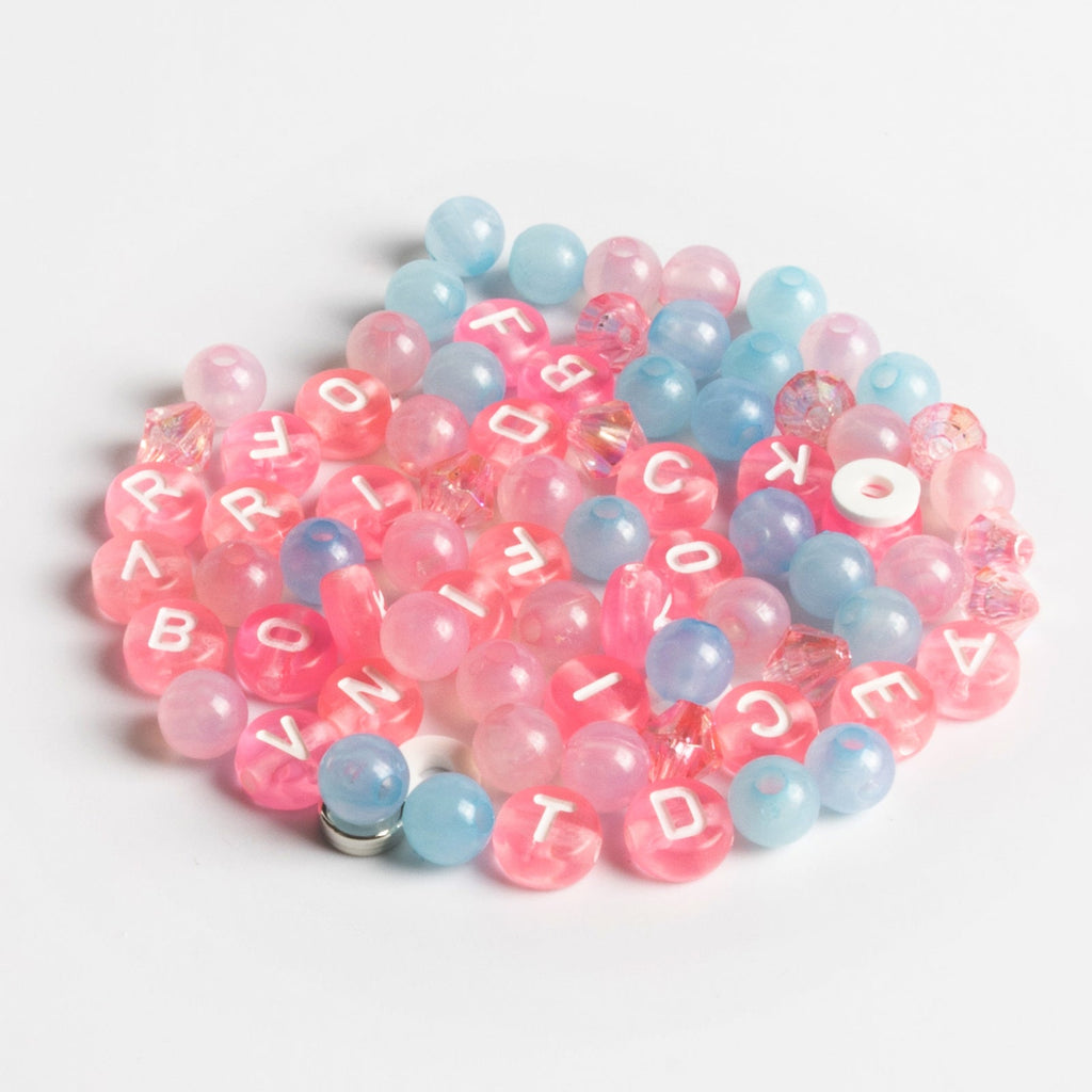 Demure Baby Pink and Baby Blue Beads Pink Swan Charm & Pastel Letter Beads DIY Jar