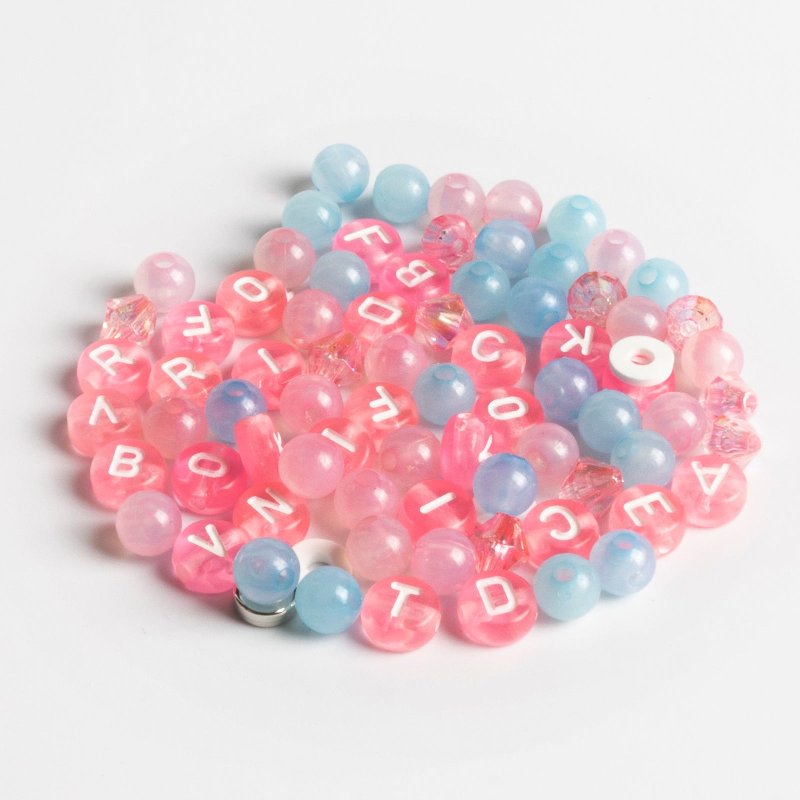Demure Baby Pink and Baby Blue Beads Pink Swan Charm & Pastel Letter Beads DIY Jar