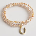 Crystal Bead Gold Horseshoe Charm Stretch Bracelet Set Neutral Tones