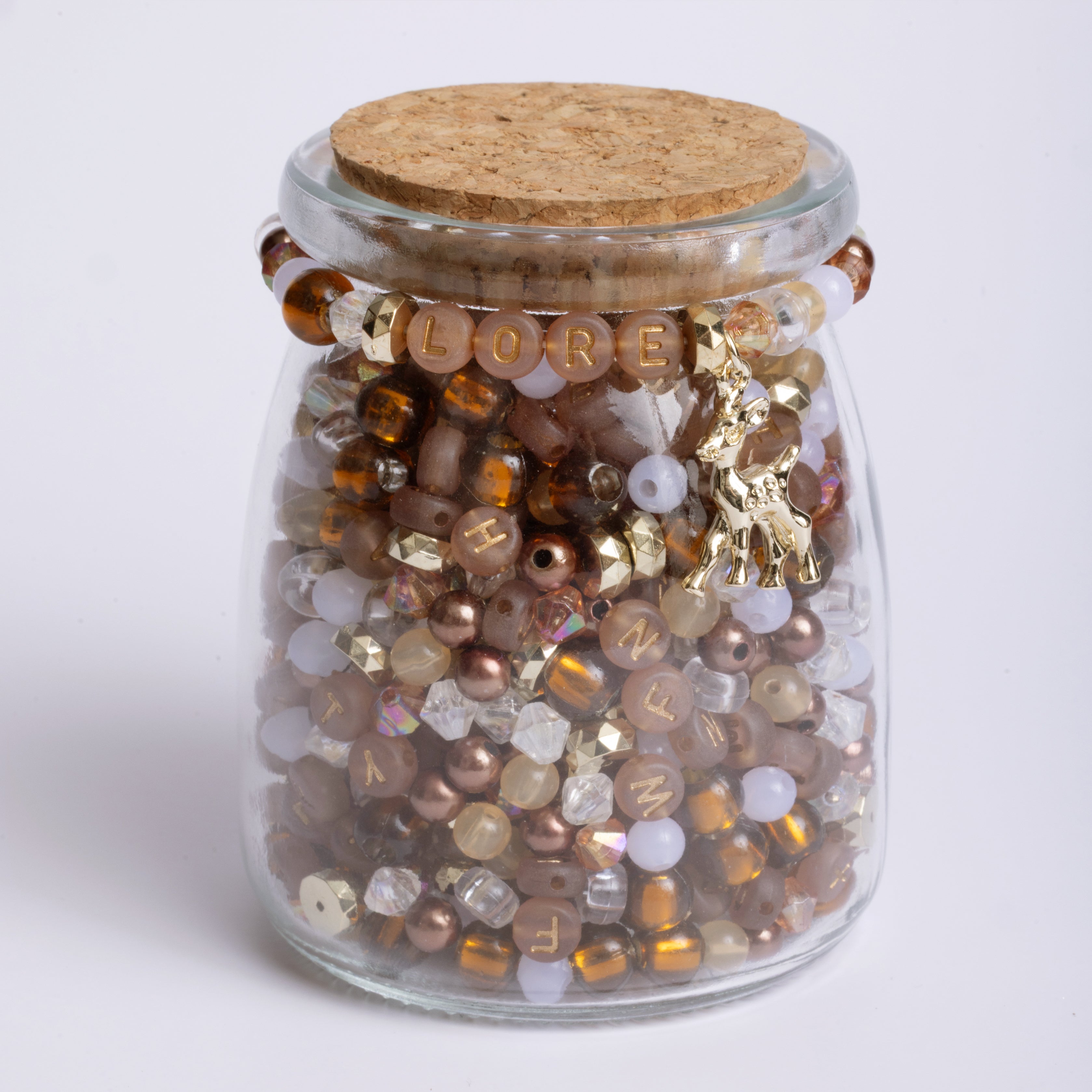 Lore Neutrals Browns and Coppers Alphabet Bead Jar with Gold Fawn Charm