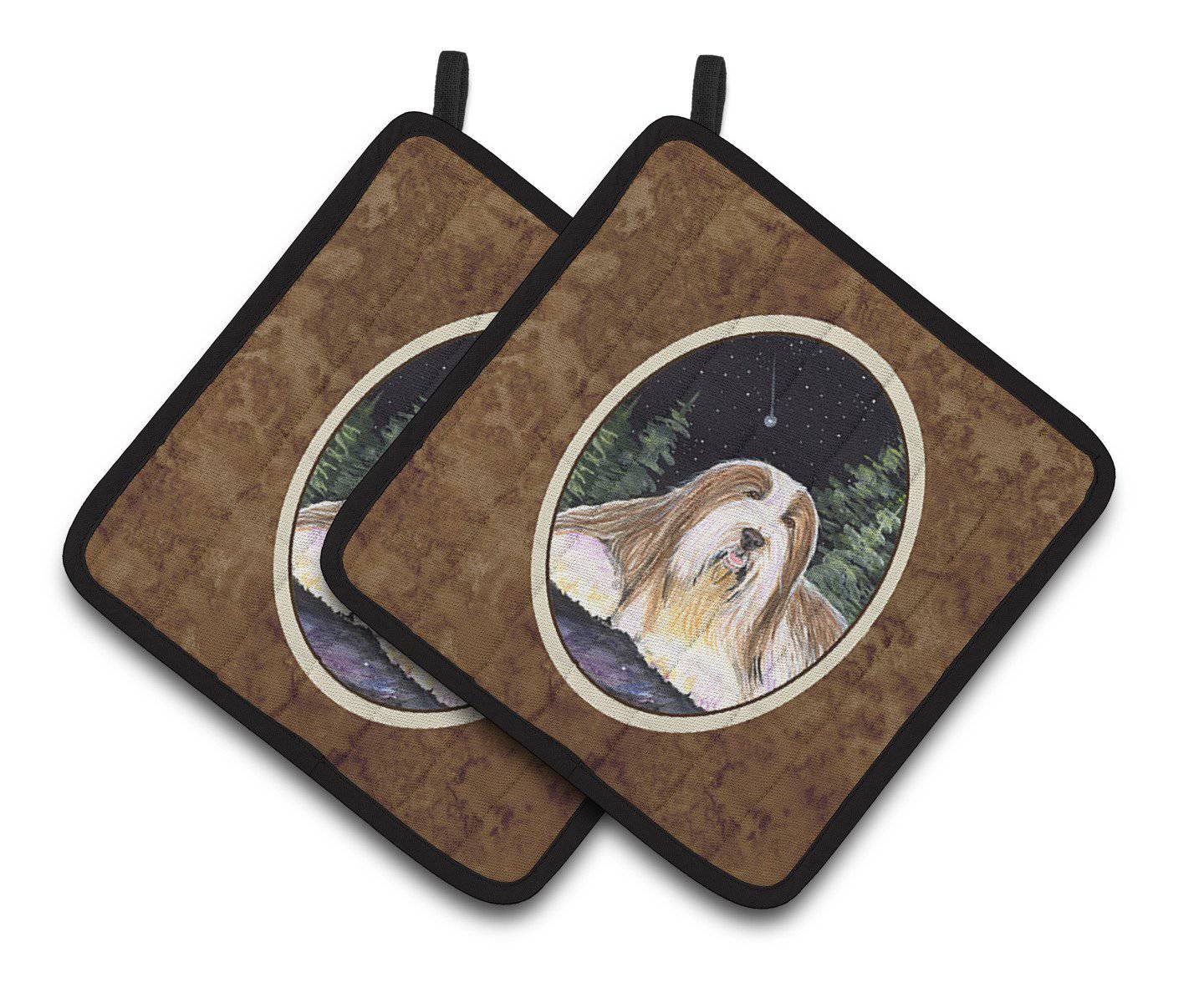 Starry Night Bearded Collie Pot Holder Set of 2 Heat Resistant Quilted Hot Pads 7.5 x 7.5 Inch, Insulated Kitchen Trivets for Cooking & Baking