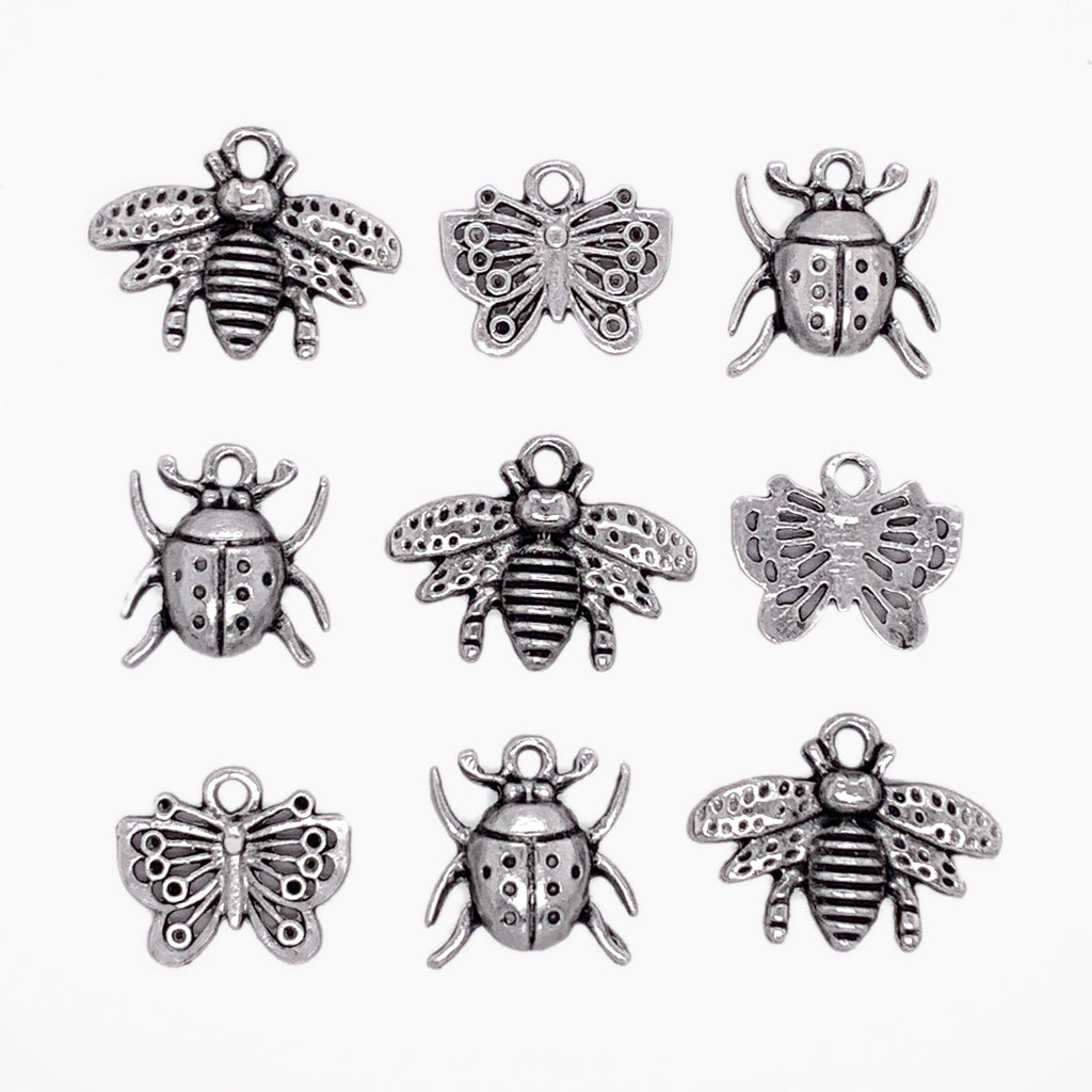 Antique Silver Bee, Butterfly and Lady Bug Charms 9pc Set