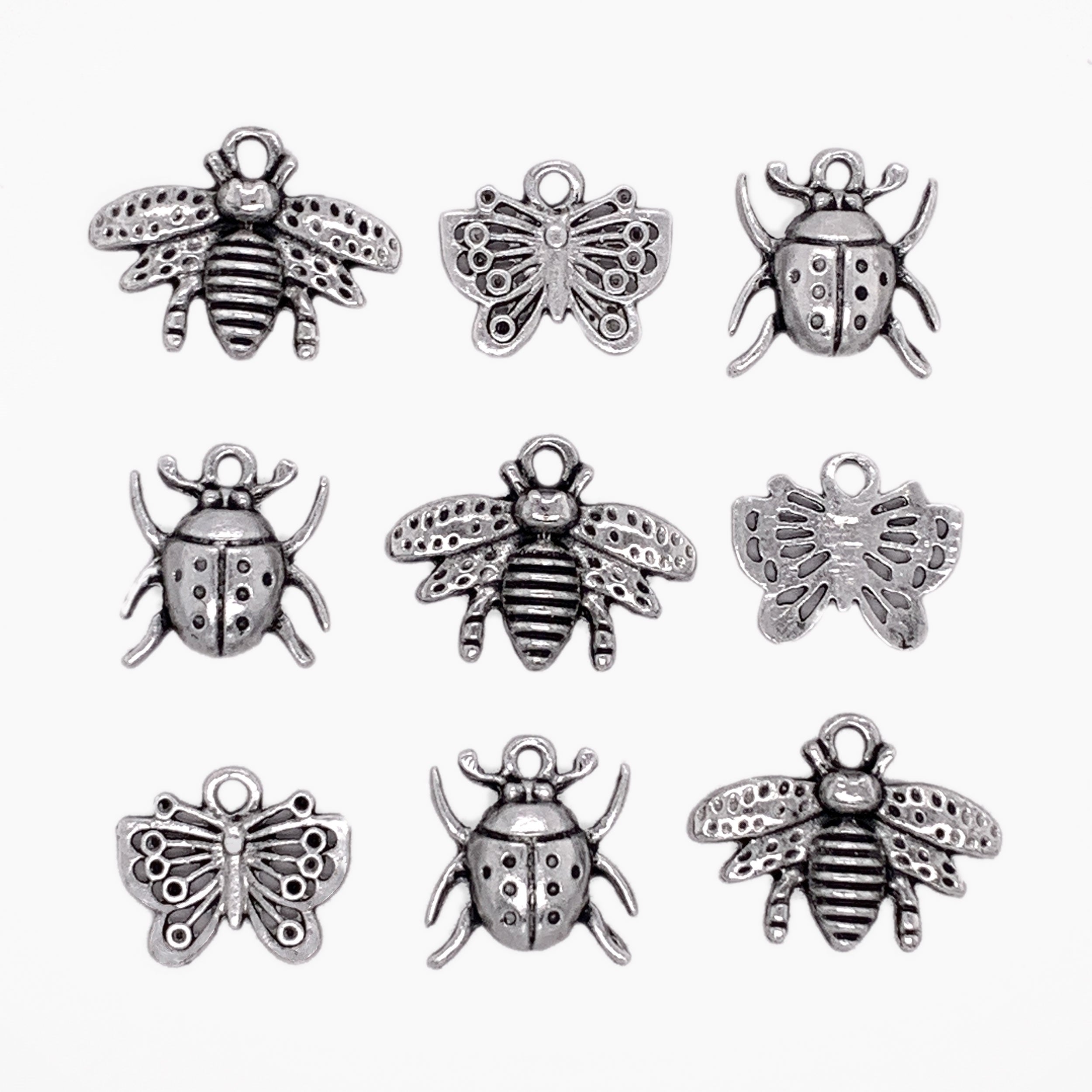 Antique Silver Bee, Butterfly and Lady Bug Charms 9pc Set