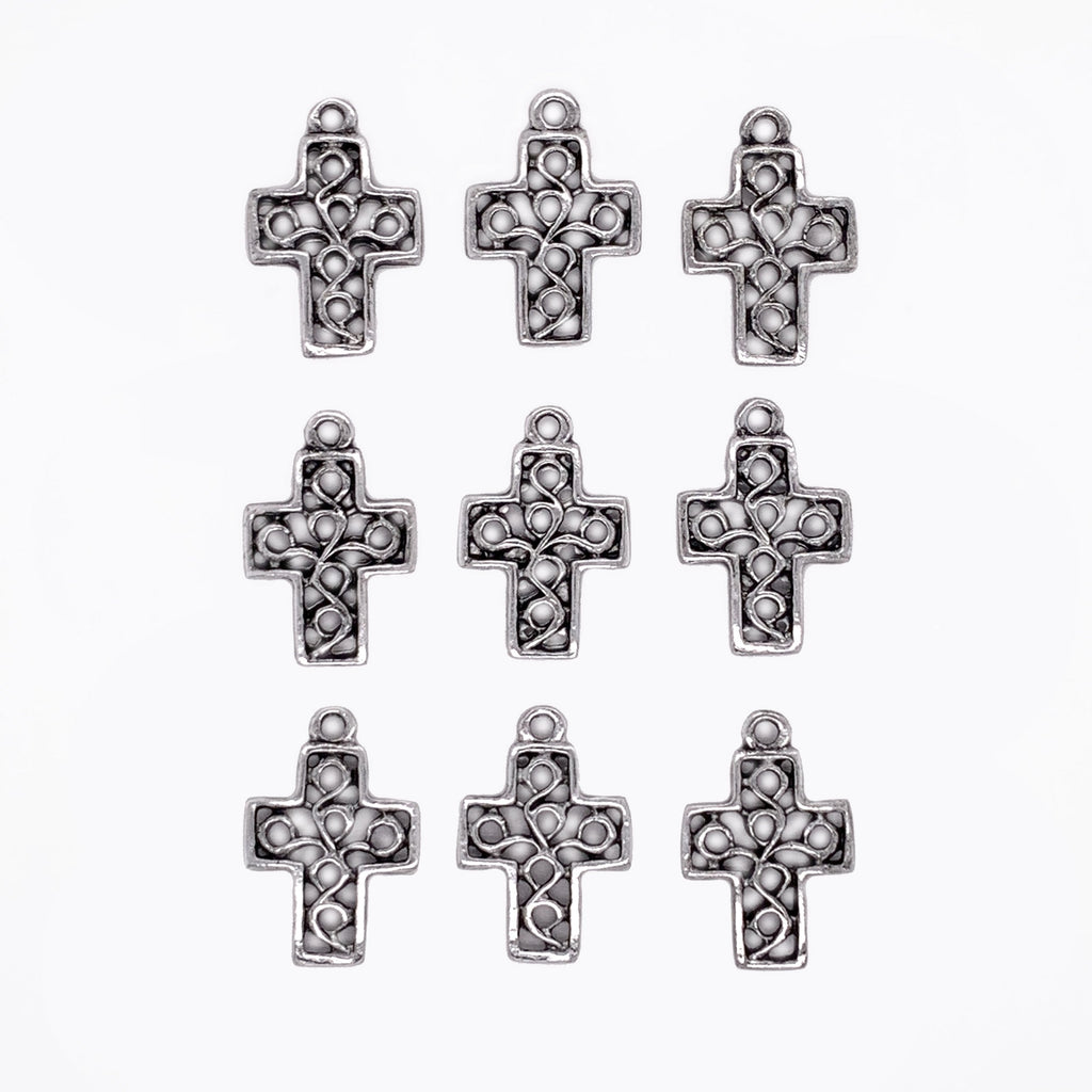 Antique Silver Delicately Detailed Cross Charms 9pc Set