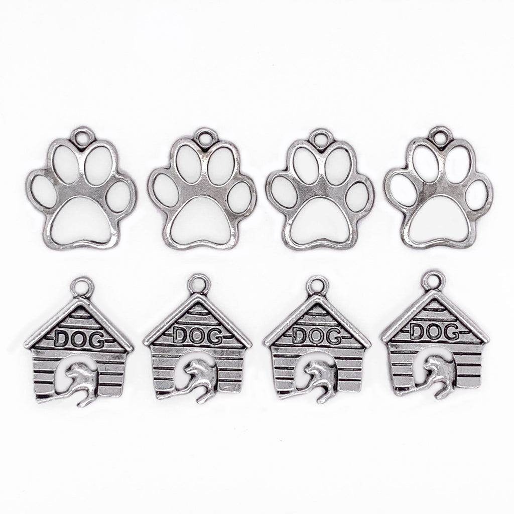 Silver Dog Paws and Houses 8pc Charm Set