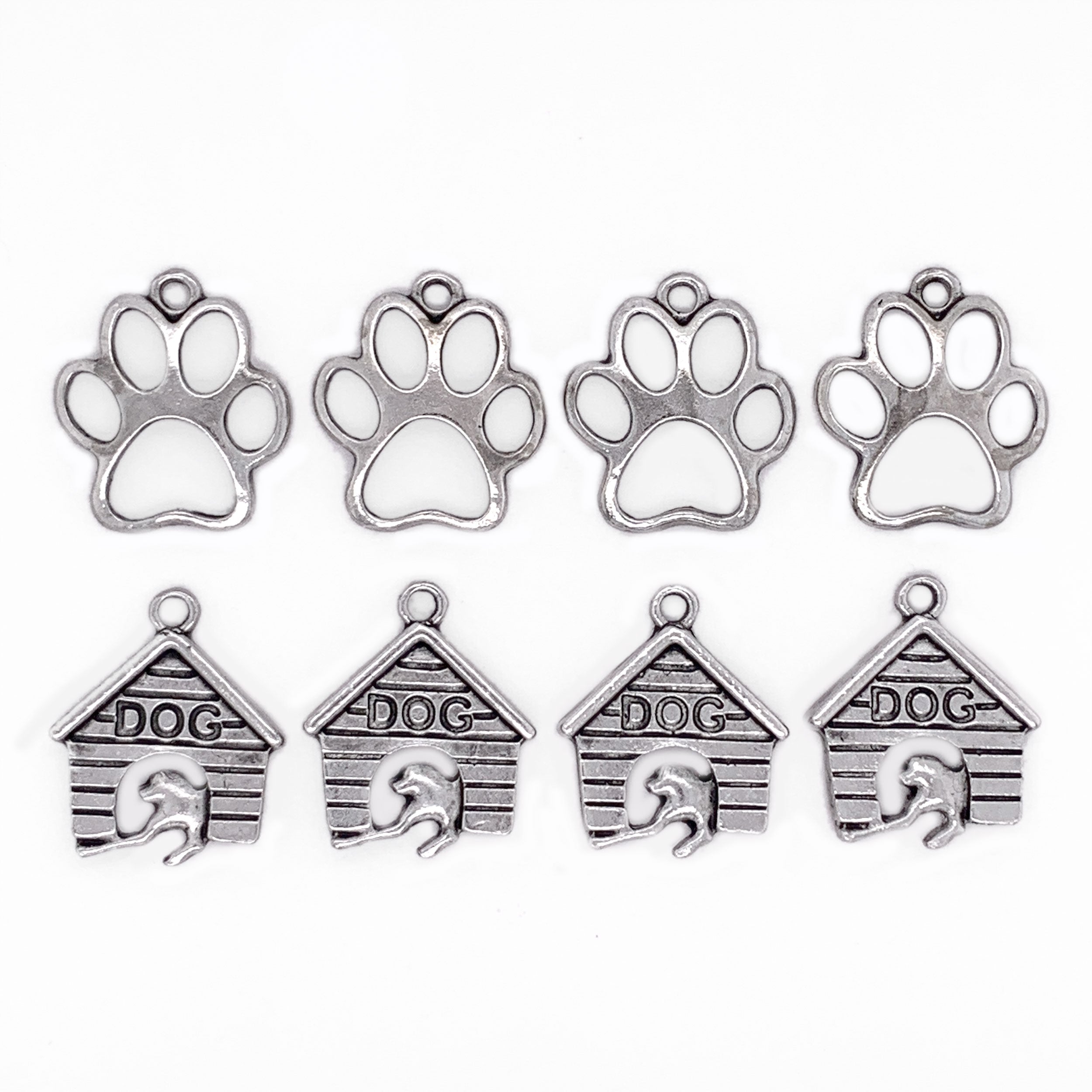 Silver Dog Paws and Houses 8pc Charm Set