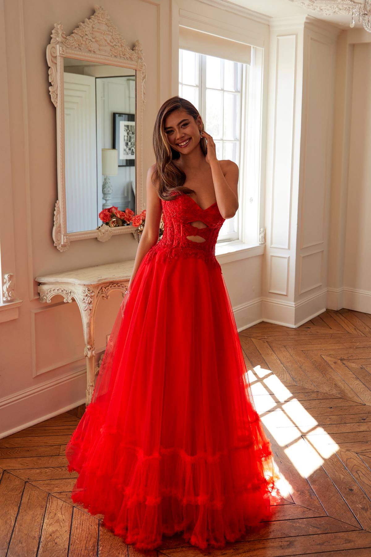 Juliet JT2561S Strapless Sweetheart Keyhole Bodice Tulle A-Line Gown