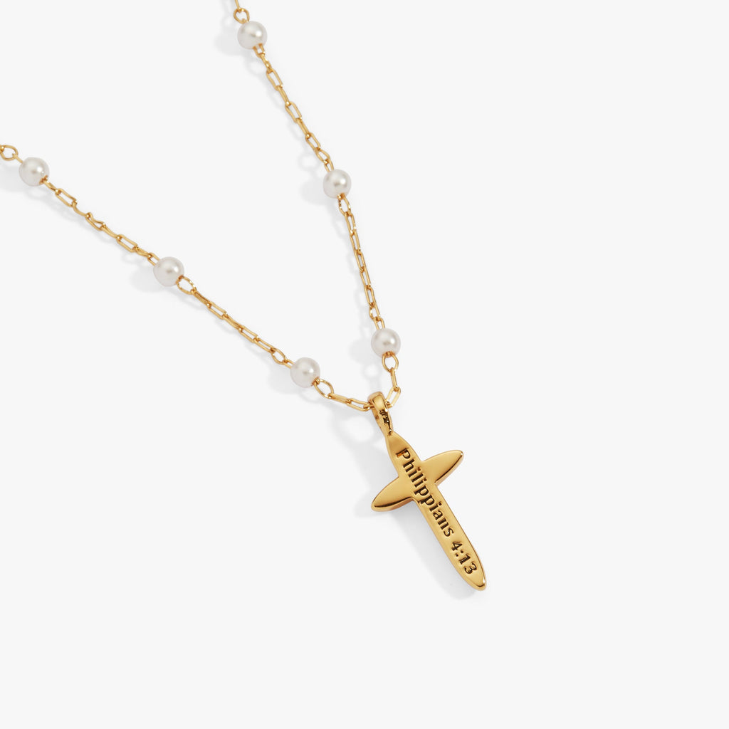 Cross 4:13 Pearl Rosary Chain Pendant Necklace