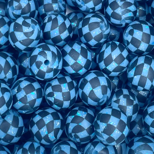 P664 BLUE CONFETTI CHECKERED GLITTER 15MM PRINT (10ct)