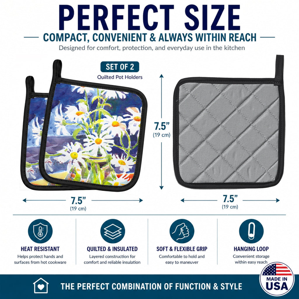 Flowers - Daisy Pot Holder Set of 2 Heat Resistant Quilted Hot Pads 7.5 x 7.5 Inch, Insulated Kitchen Trivets for Cooking & Baking