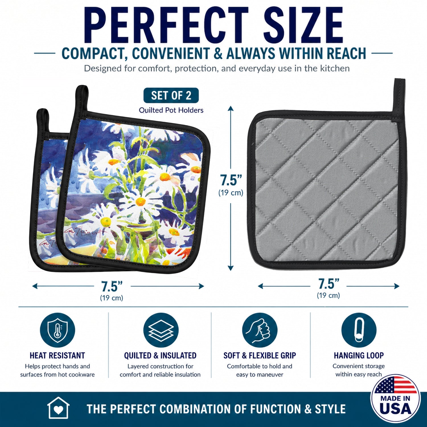 Flowers - Daisy Pot Holder Set of 2 Heat Resistant Quilted Hot Pads 7.5 x 7.5 Inch, Insulated Kitchen Trivets for Cooking & Baking