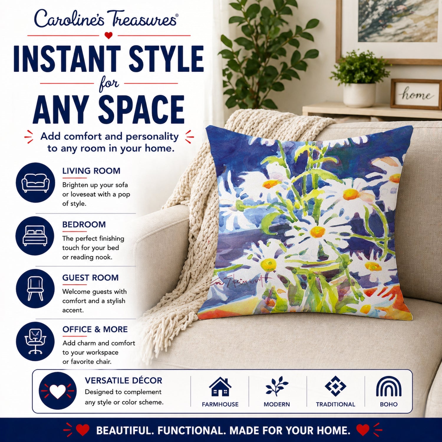 Flowers - Daisy Decorative Throw Pillow 14x14 Indoor Outdoor Accent Cushion, Fabric Cover with Insert for Sofa, Bed, Porch & Living Room