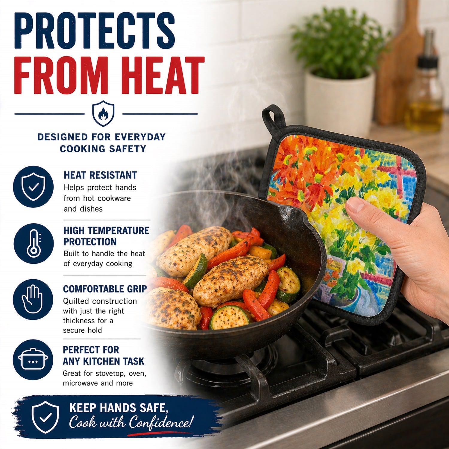 Flower - Mums Pot Holder Set of 2 Heat Resistant Quilted Hot Pads 7.5 x 7.5 Inch, Insulated Kitchen Trivets for Cooking & Baking