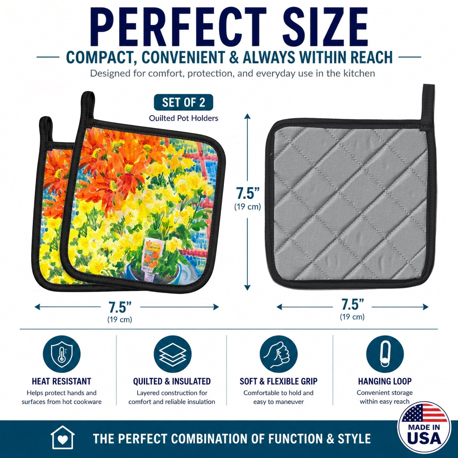Flower - Mums Pot Holder Set of 2 Heat Resistant Quilted Hot Pads 7.5 x 7.5 Inch, Insulated Kitchen Trivets for Cooking & Baking
