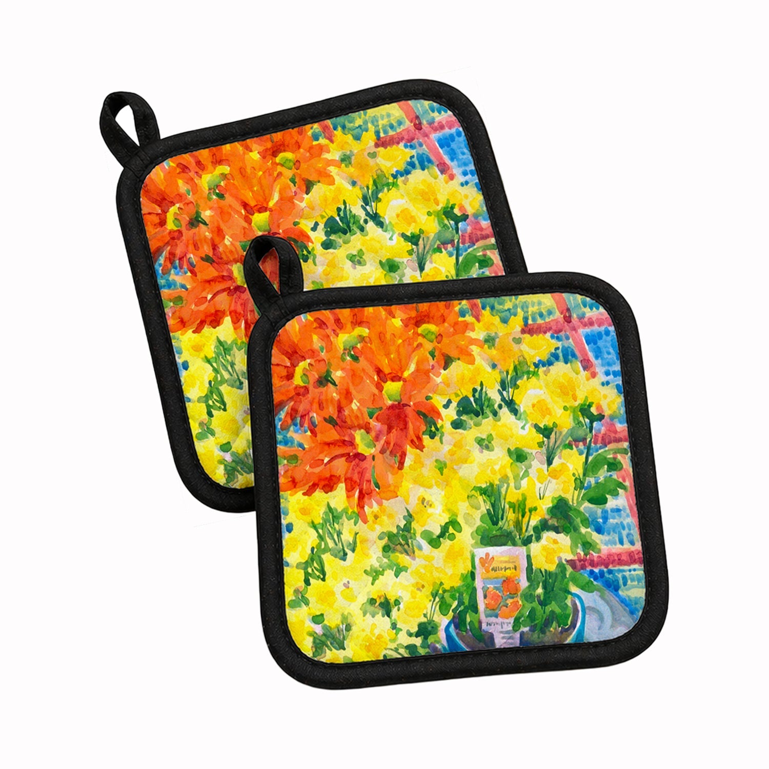 Flower - Mums Pot Holder Set of 2 Heat Resistant Quilted Hot Pads 7.5 x 7.5 Inch, Insulated Kitchen Trivets for Cooking & Baking