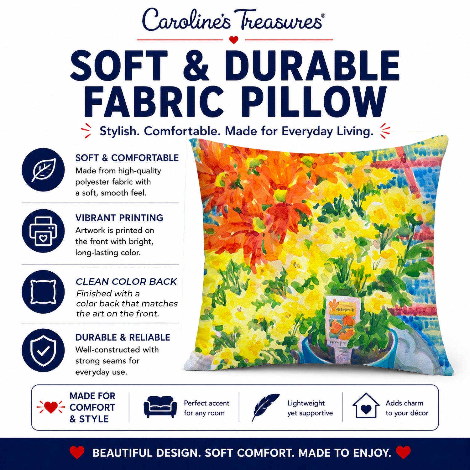 Flower - Mums Decorative Throw Pillow 14x14 Indoor Outdoor Accent Cushion, Fabric Cover with Insert for Sofa, Bed, Porch & Living Room