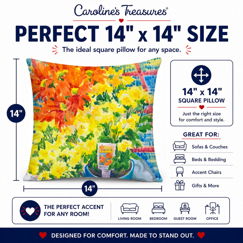 Flower - Mums Decorative Throw Pillow 14x14 Indoor Outdoor Accent Cushion, Fabric Cover with Insert for Sofa, Bed, Porch & Living Room