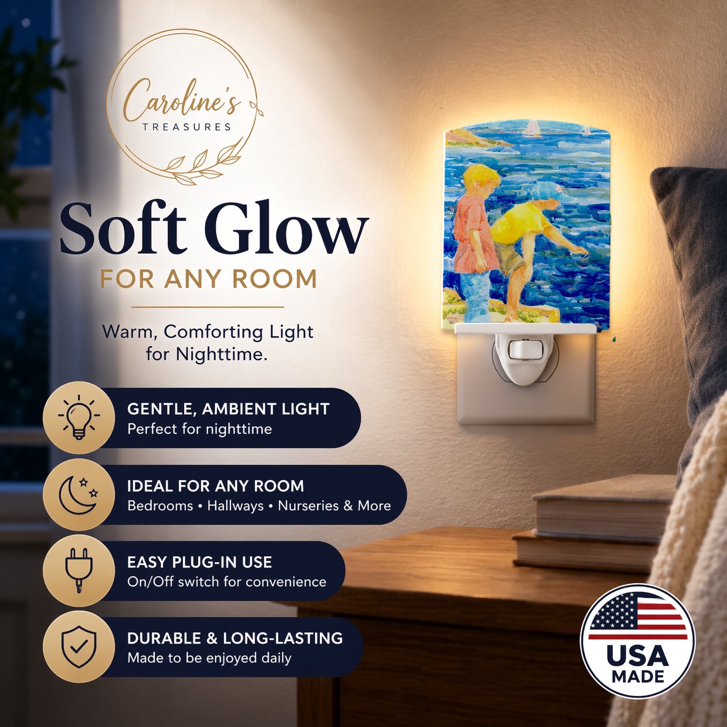 The Boys at the water Ceramic Night Light Compact, UL-Certified, Ideal for Bedroom, Bathroom, Nursery, Hallway, Kitchen, 6x4x3, Multicolor