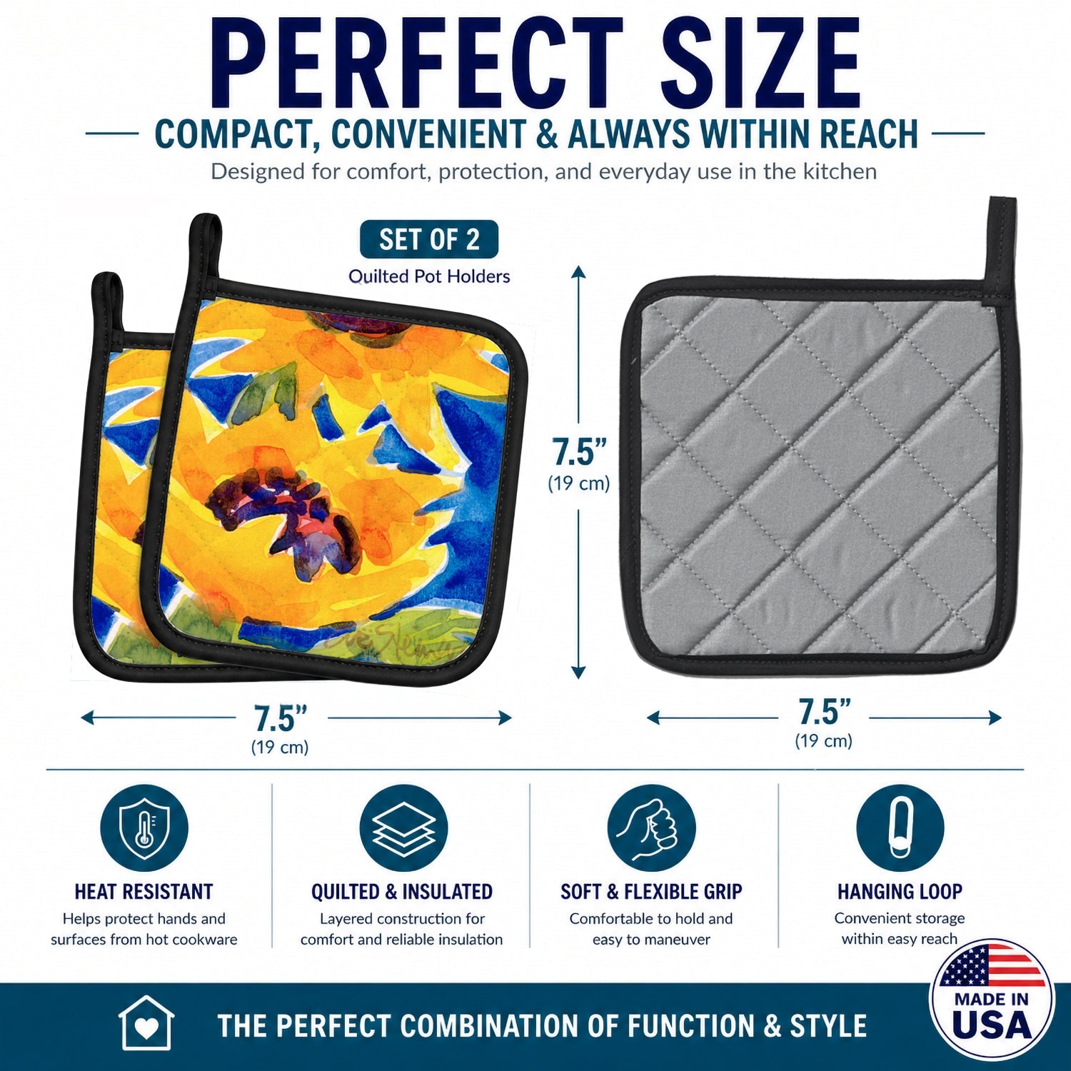 Flower - Sunflower Pot Holder Set of 2 Heat Resistant Quilted Hot Pads 7.5 x 7.5 Inch, Insulated Kitchen Trivets for Cooking & Baking