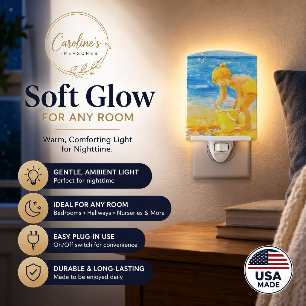 Little Girl at the beach Ceramic Night Light Compact, UL-Certified, Ideal for Bedroom, Bathroom, Nursery, Hallway, Kitchen, 6x4x3, Multicolor