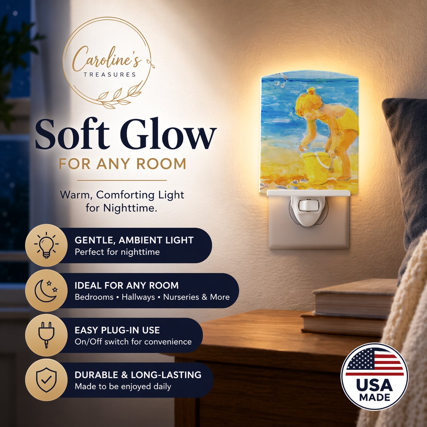 Little Girl at the beach Ceramic Night Light Compact, UL-Certified, Ideal for Bedroom, Bathroom, Nursery, Hallway, Kitchen, 6x4x3, Multicolor