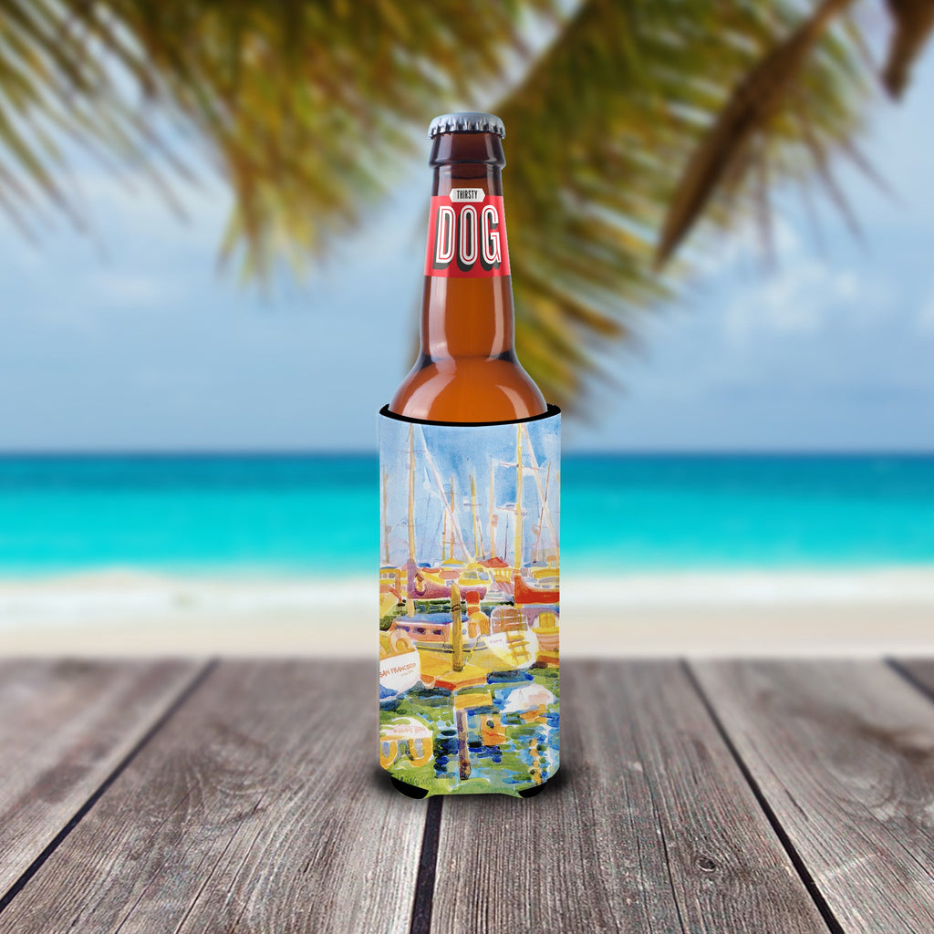 Boats at the Harbour Slim Can Hugger , Insulated Foam Hugger for 12 oz Slim Cans, Beer Bottles & Water Bottles, Printed in USA