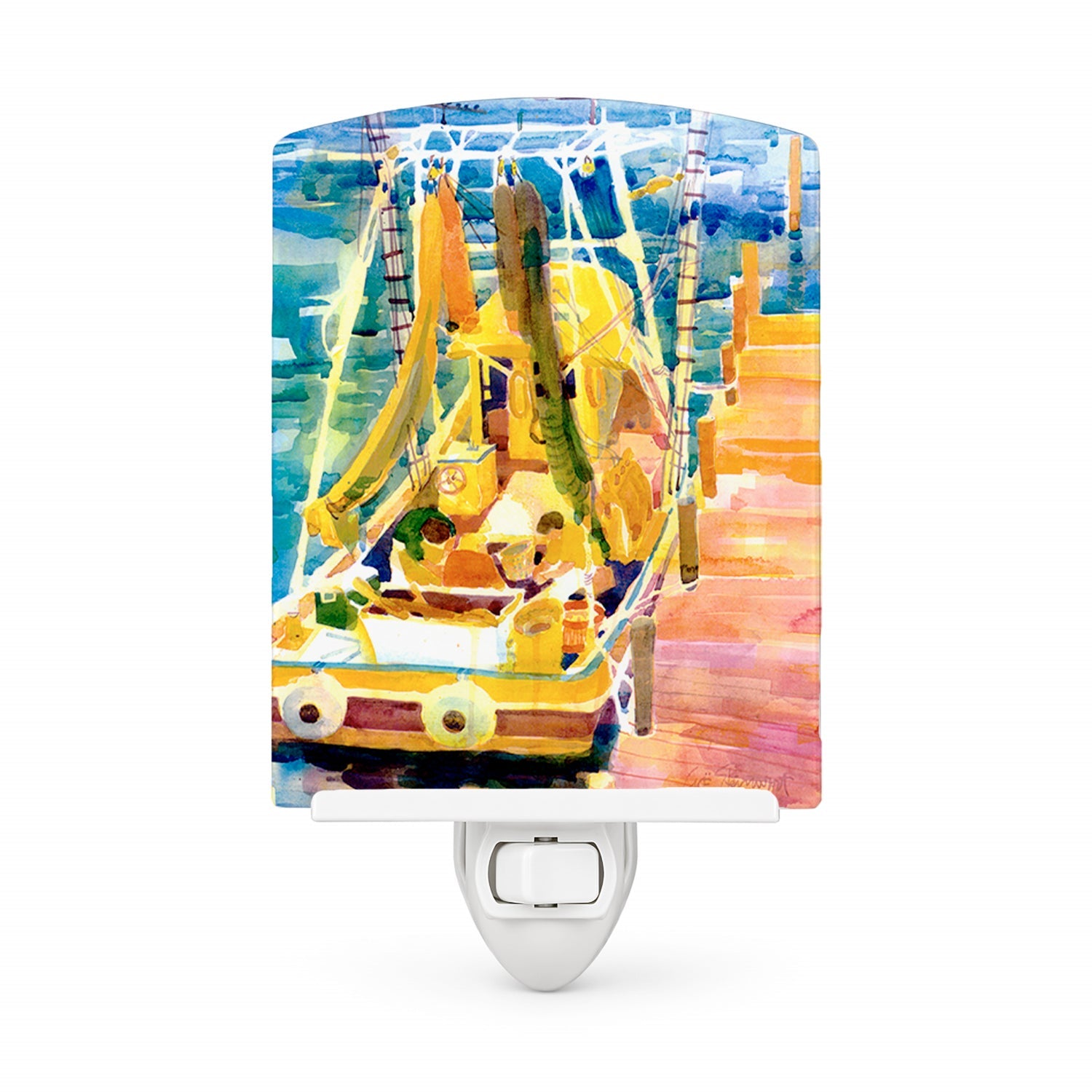 Shrimp Boats Ceramic Night Light Compact, UL-Certified, Ideal for Bedroom, Bathroom, Nursery, Hallway, Kitchen, 6x4x3, Multicolor