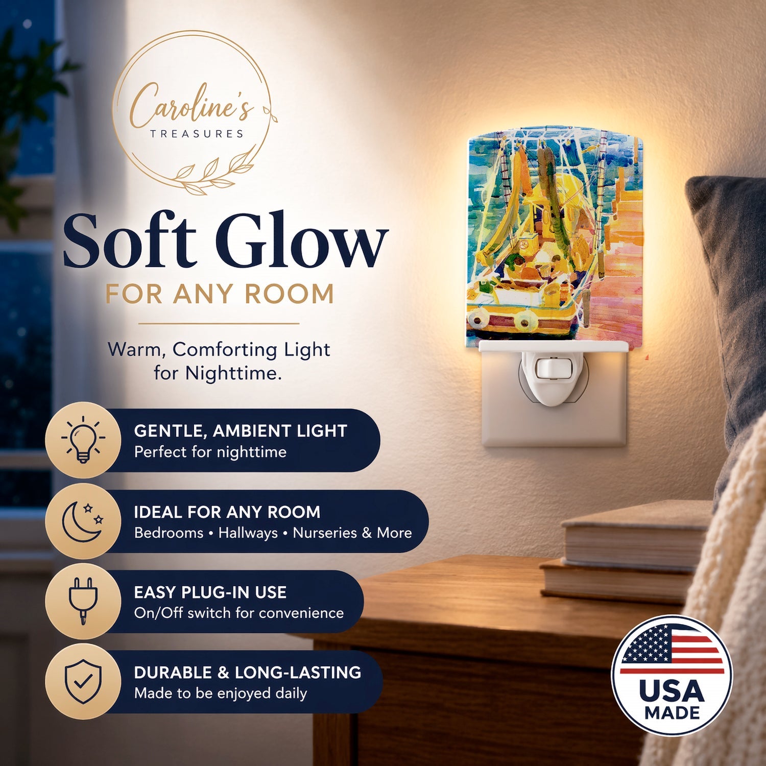 Shrimp Boats Ceramic Night Light Compact, UL-Certified, Ideal for Bedroom, Bathroom, Nursery, Hallway, Kitchen, 6x4x3, Multicolor