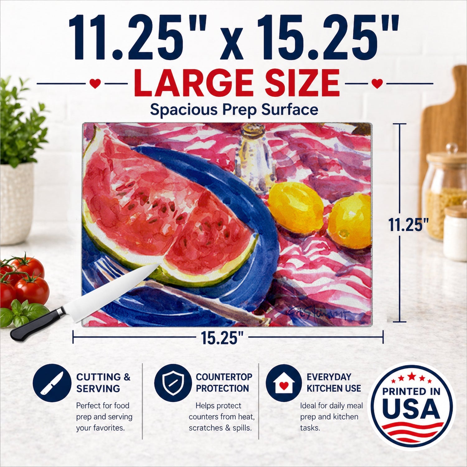 Watermelon Cutting Board Tempered Glass Kitchen Cutting Surface, Heat Resistant Chopping, Non-Slip Feet, Food Prep & Serving