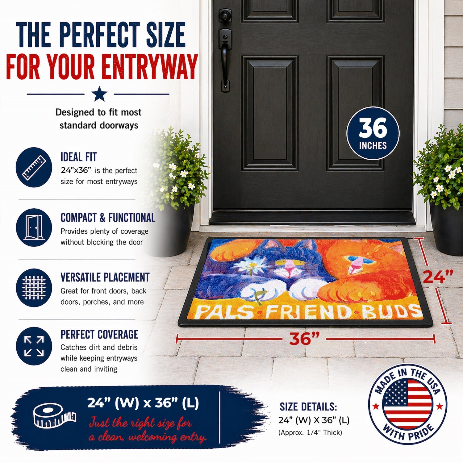 Cats Pals Friends Buds Doormat Indoor Outdoor 24H X 36W Front Door Mat Rugs for Entryway, Non Slip Washable Low Pile,