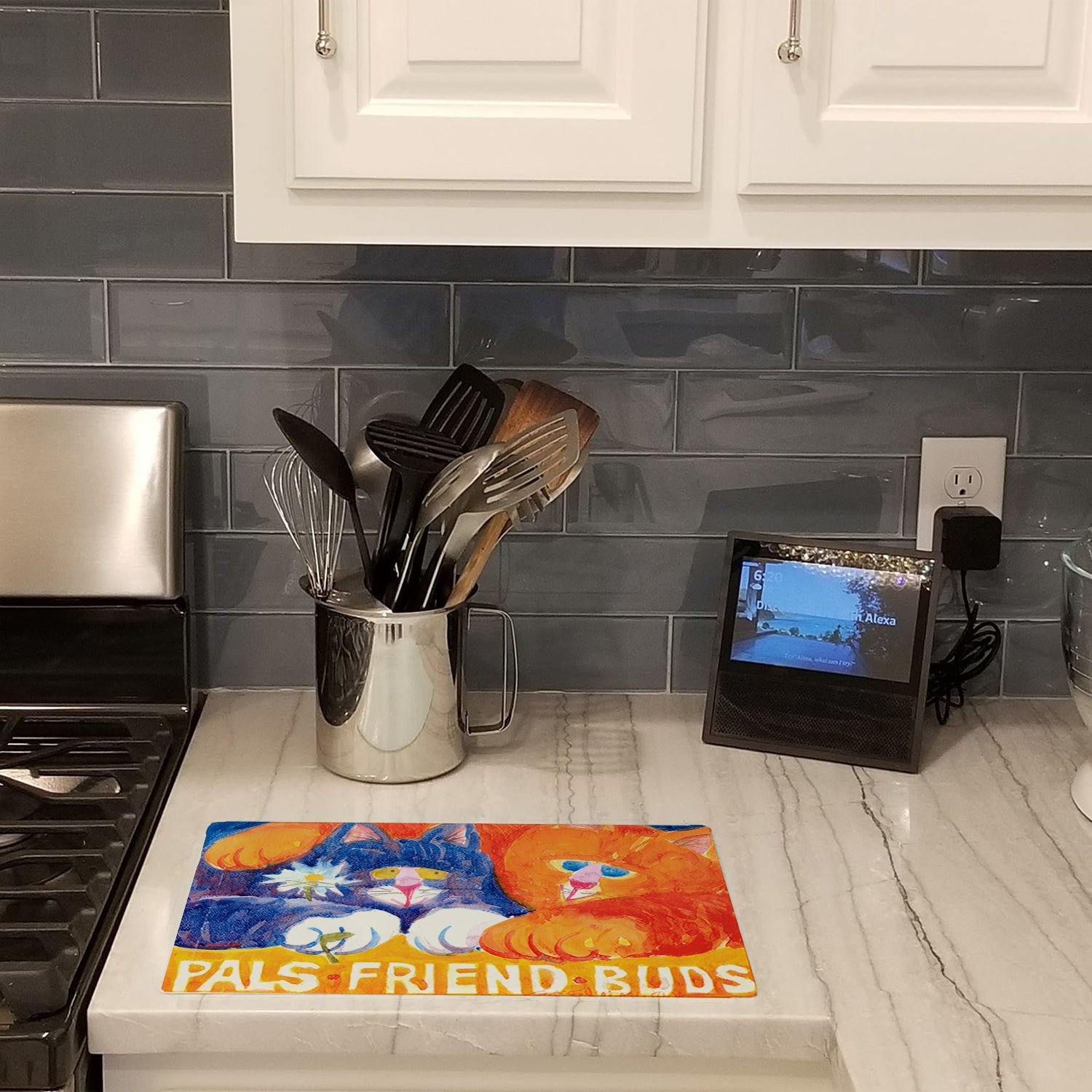 Cats Pals Friends Buds Cutting Board Tempered Glass Kitchen Cutting Surface, Heat Resistant Chopping, Non-Slip Feet, Food Prep & Serving