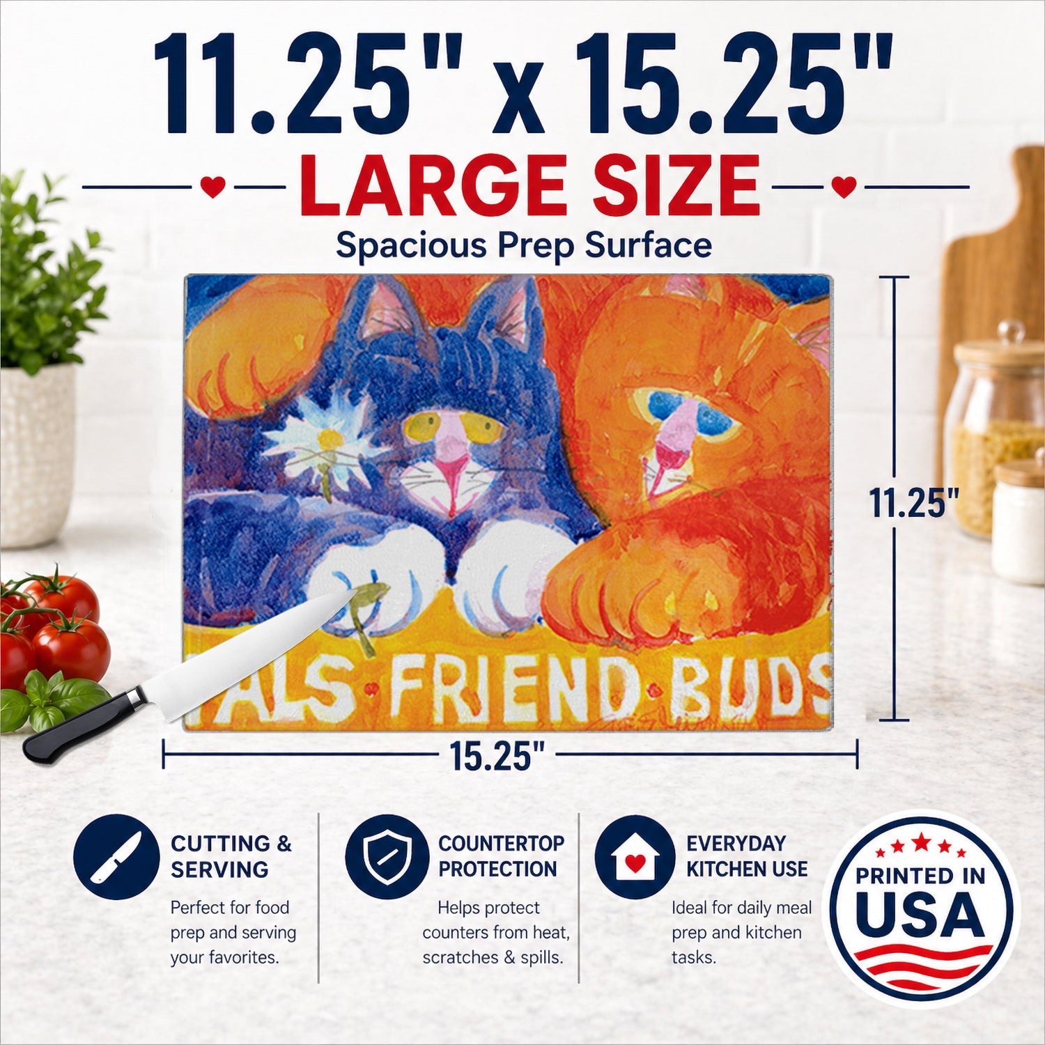 Cats Pals Friends Buds Cutting Board Tempered Glass Kitchen Cutting Surface, Heat Resistant Chopping, Non-Slip Feet, Food Prep & Serving