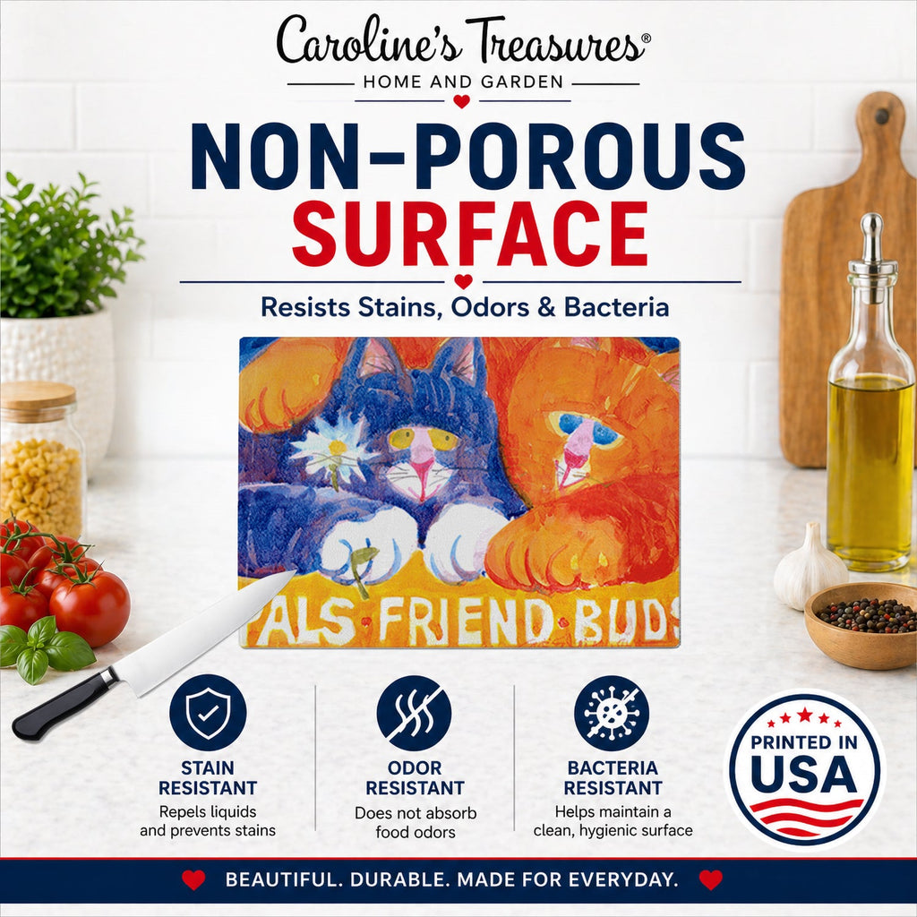 Cats Pals Friends Buds Cutting Board Tempered Glass Kitchen Cutting Surface, Heat Resistant Chopping, Non-Slip Feet, Food Prep & Serving