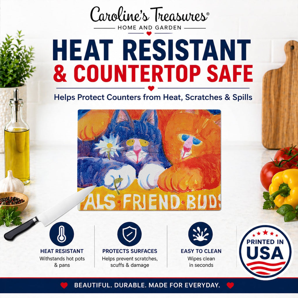 Cats Pals Friends Buds Cutting Board Tempered Glass Kitchen Cutting Surface, Heat Resistant Chopping, Non-Slip Feet, Food Prep & Serving