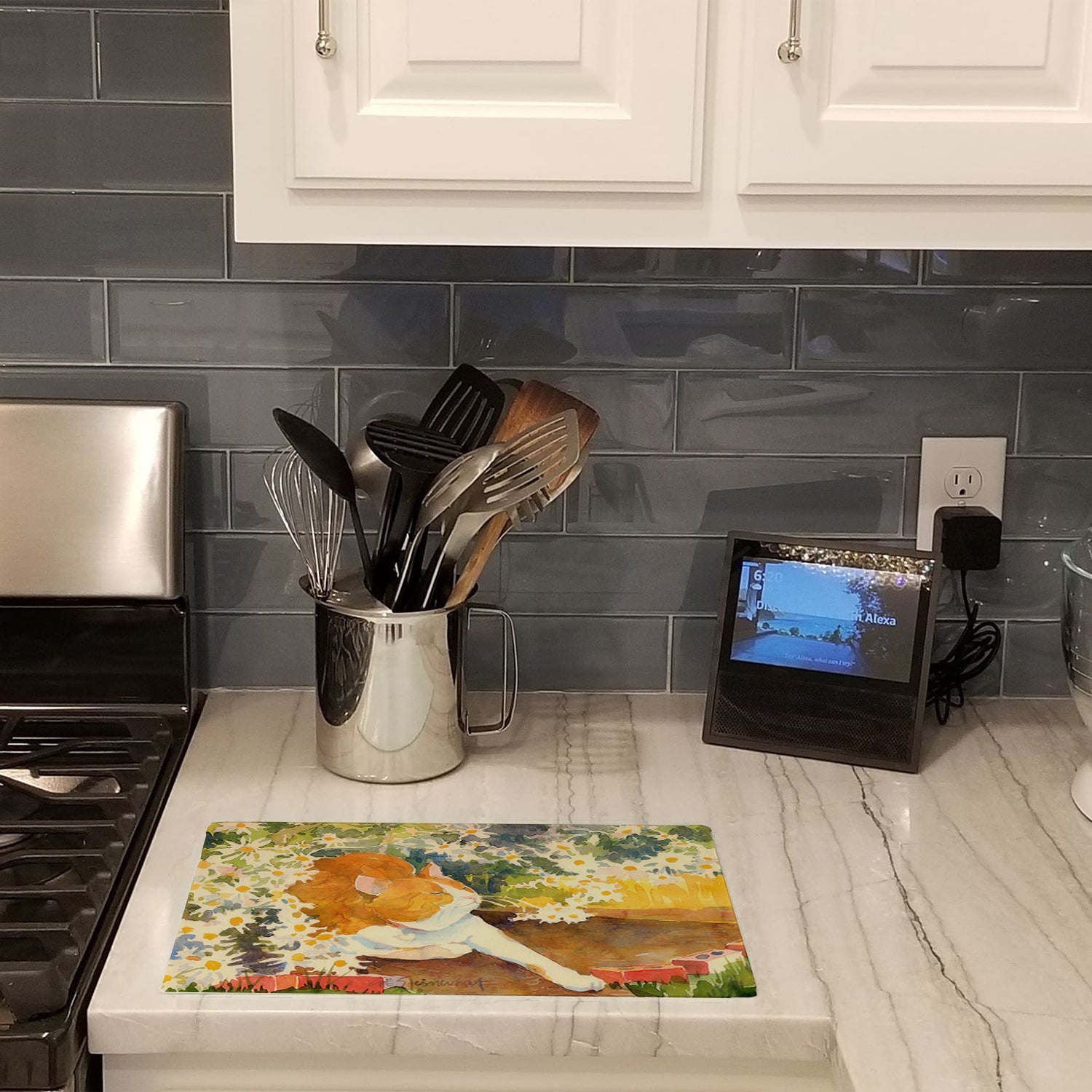 Cat Cutting Board Tempered Glass Kitchen Cutting Surface, Heat Resistant Chopping, Non-Slip Feet, Food Prep & Serving
