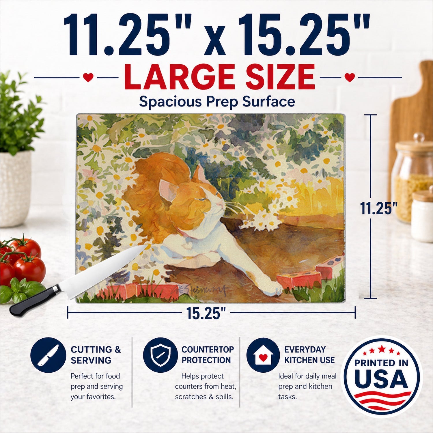 Cat Cutting Board Tempered Glass Kitchen Cutting Surface, Heat Resistant Chopping, Non-Slip Feet, Food Prep & Serving