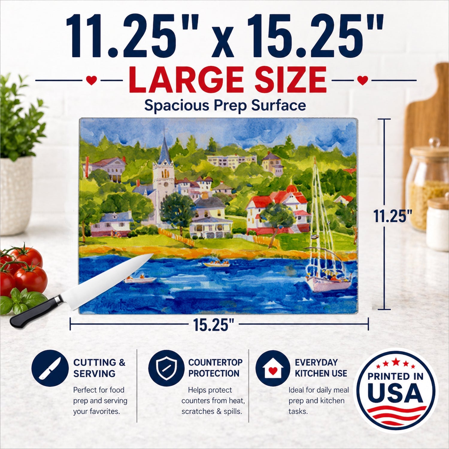 Harbour Scene with Sailboat Cutting Board Tempered Glass Kitchen Cutting Surface, Heat Resistant Chopping, Non-Slip Feet, Food Prep & Serving