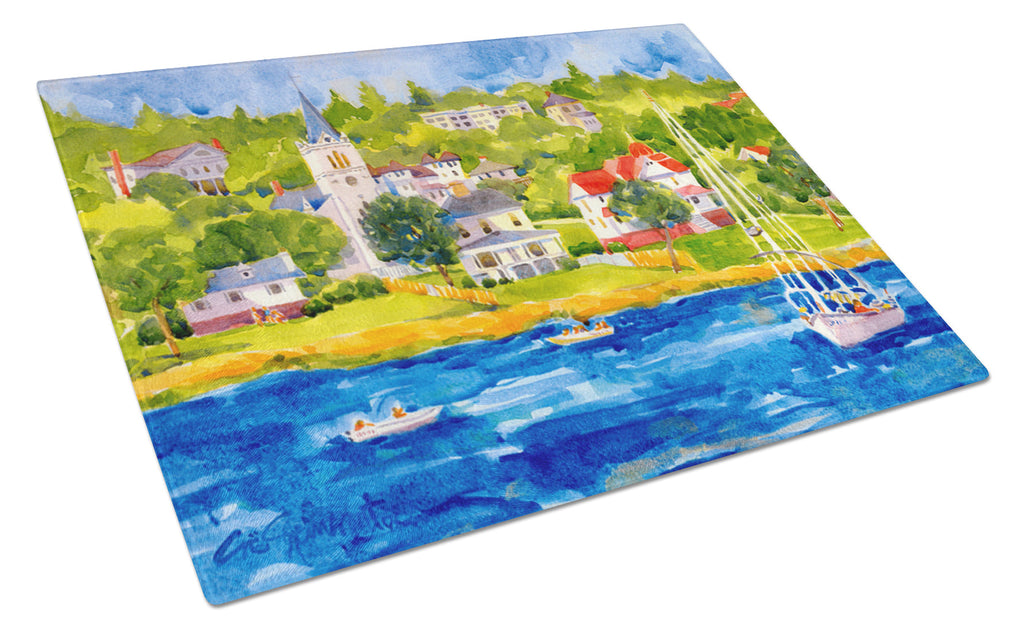 Harbour Scene with Sailboat Cutting Board Tempered Glass Kitchen Cutting Surface, Heat Resistant Chopping, Non-Slip Feet, Food Prep & Serving
