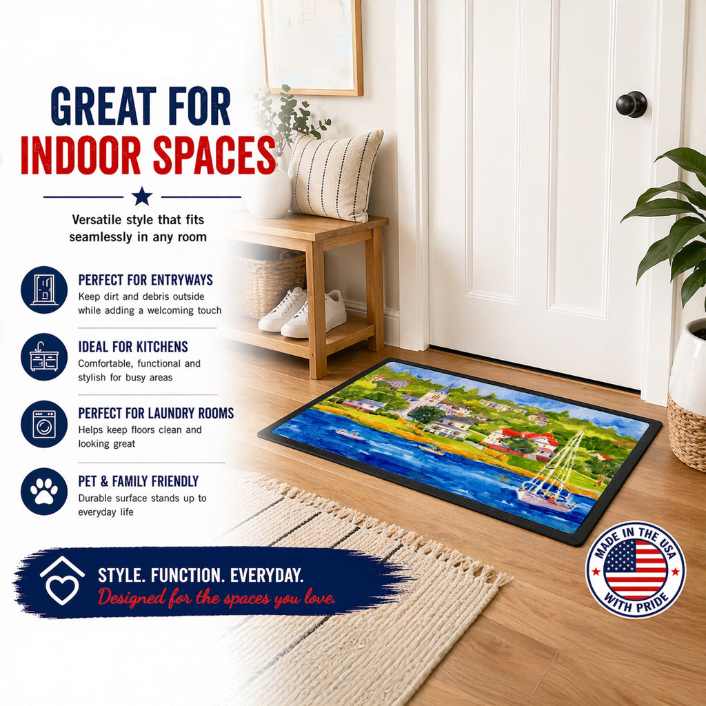Harbour Scene with Sailboat Doormat Indoor Outdoor 18H X 27W Front Door Mat Rugs for Entryway, Non Slip Washable