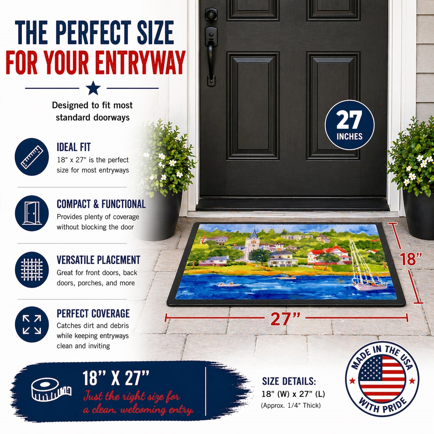 Harbour Scene with Sailboat Doormat Indoor Outdoor 18H X 27W Front Door Mat Rugs for Entryway, Non Slip Washable