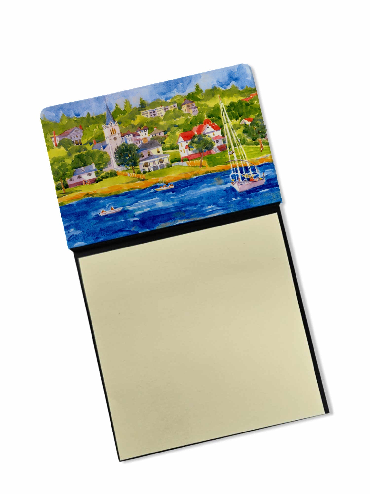 Harbour Scene with Sailboat Watercolor Sticky Note Holder Refillable Dispenser Desk Accessory 3x3 Pad Gift
