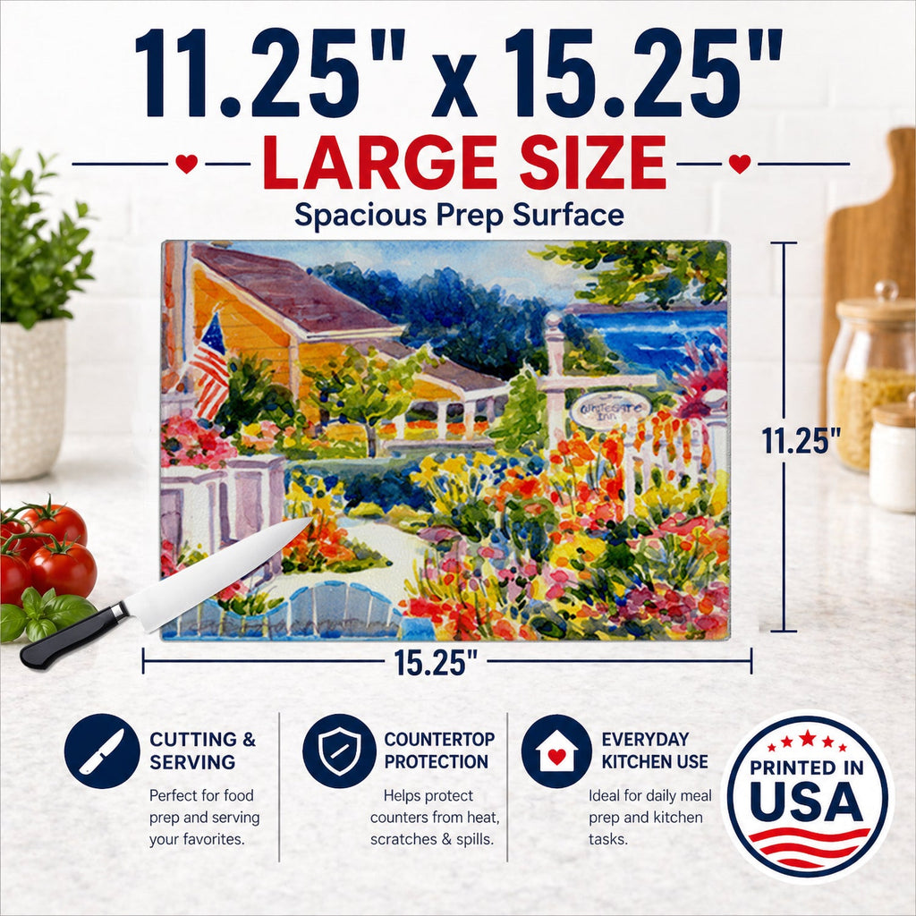 Seaside Beach Cottage Cutting Board Tempered Glass Kitchen Cutting Surface, Heat Resistant Chopping, Non-Slip Feet, Food Prep & Serving